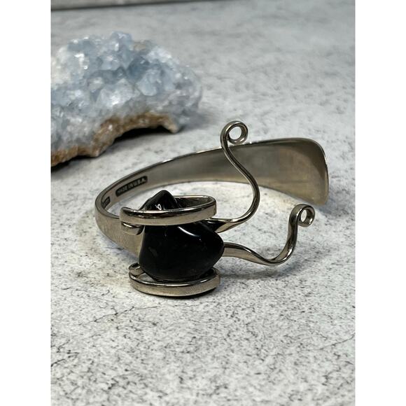 Vintage Silco Alpacca stamped made in USA fork cuff with black stone artisan - Picture 1 of 7